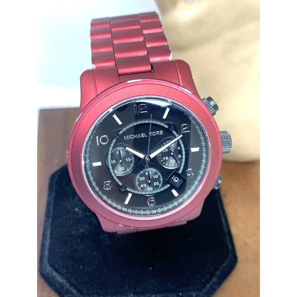 Michael Kors Mens Watch MK9148 Runway Quartz Black Dial Red Stainless Steel 45mm